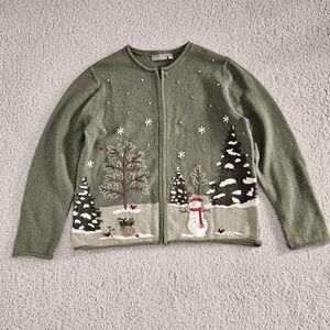 Croft And Borrow Holdiay Cardigan Green Needlepoint Winter Festive Zip Womens L